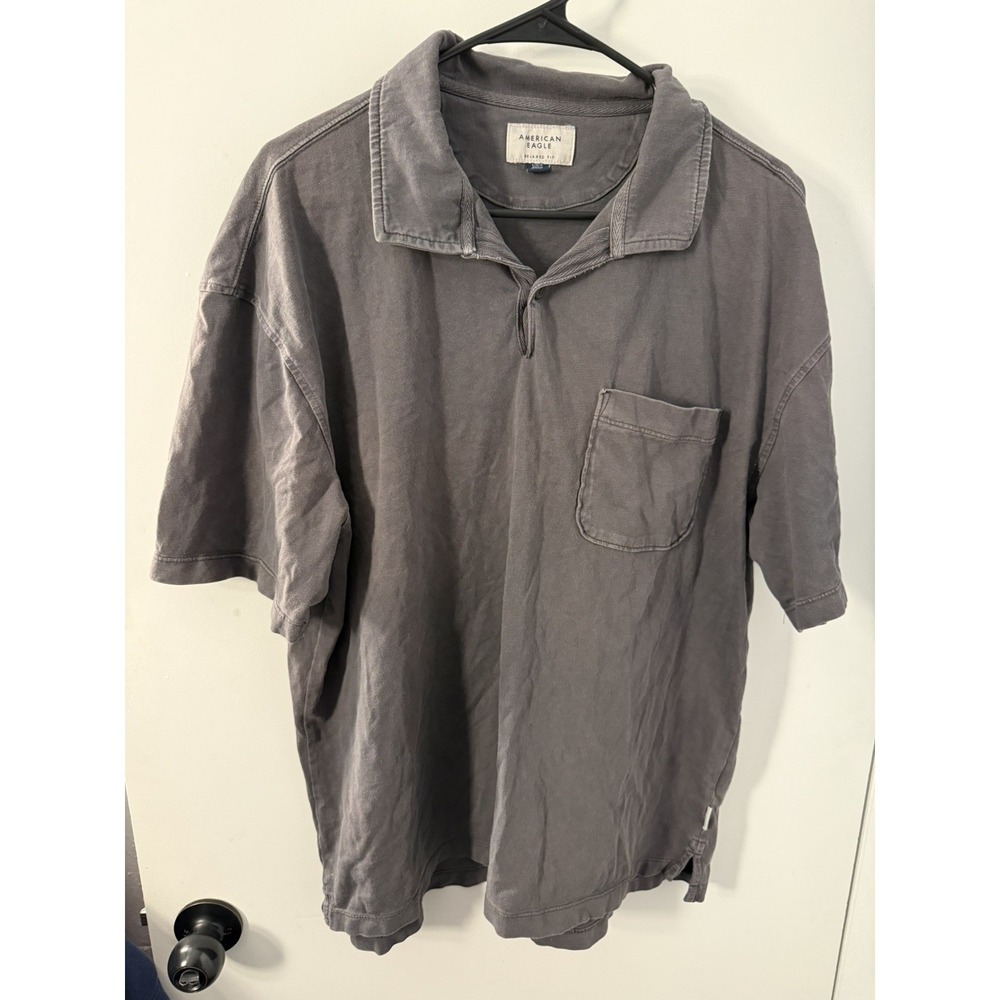 American Eagle Polo Shirt Mens L Gray Relaxed Fit Short Sleeve Coastal Summer
